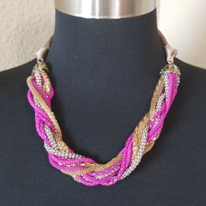 Ali Khan New York Gold Silver Mesh Hot Pink Ribbon Necklace